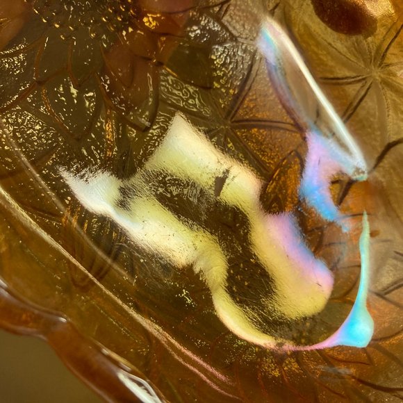 Vintage Carnival Glass Marigold/Sunflower Iridescent Oval Dish w/Handles - Picture 11 of 11